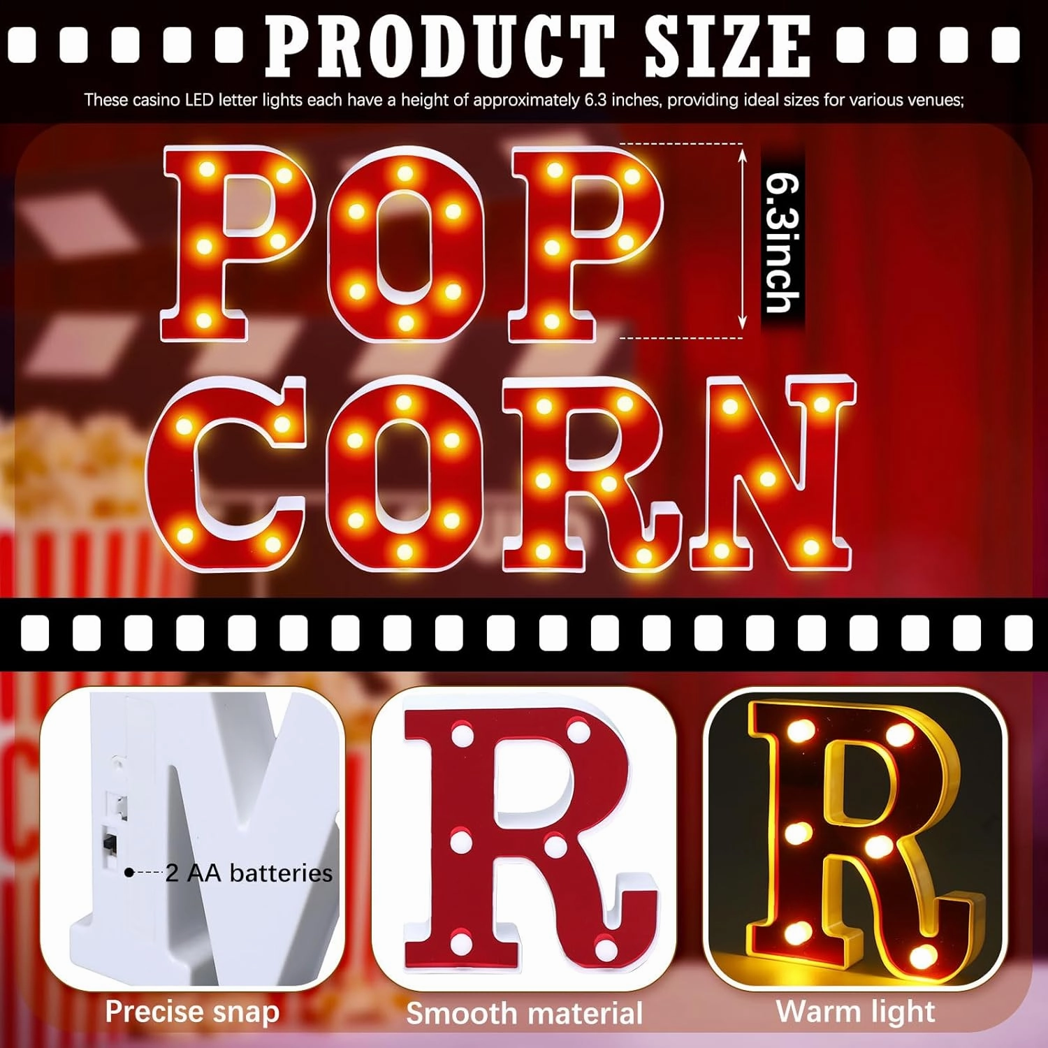 Popcorn Light up Letters Sign Party Decorations Battery Powered Marquee Lighted Sign LED Alphabet Letter Lights for Night Party Tabletop Decor Supplies