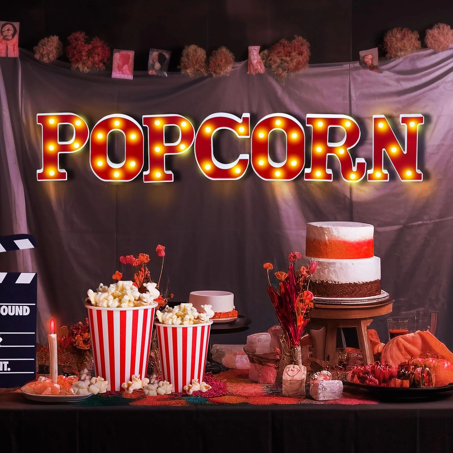 Popcorn Light up Letters Sign Party Decorations Battery Powered Marquee Lighted Sign LED Alphabet Letter Lights for Night Party Tabletop Decor Supplies