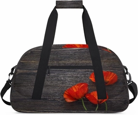 Poppy Gym Duffel Bag for Men Women Vintage Wooden Board Sports Tote Bag with Adjustable Shoulder Strap for Dance Gymnastics Traveling Outdoor Camping Overnight Stay