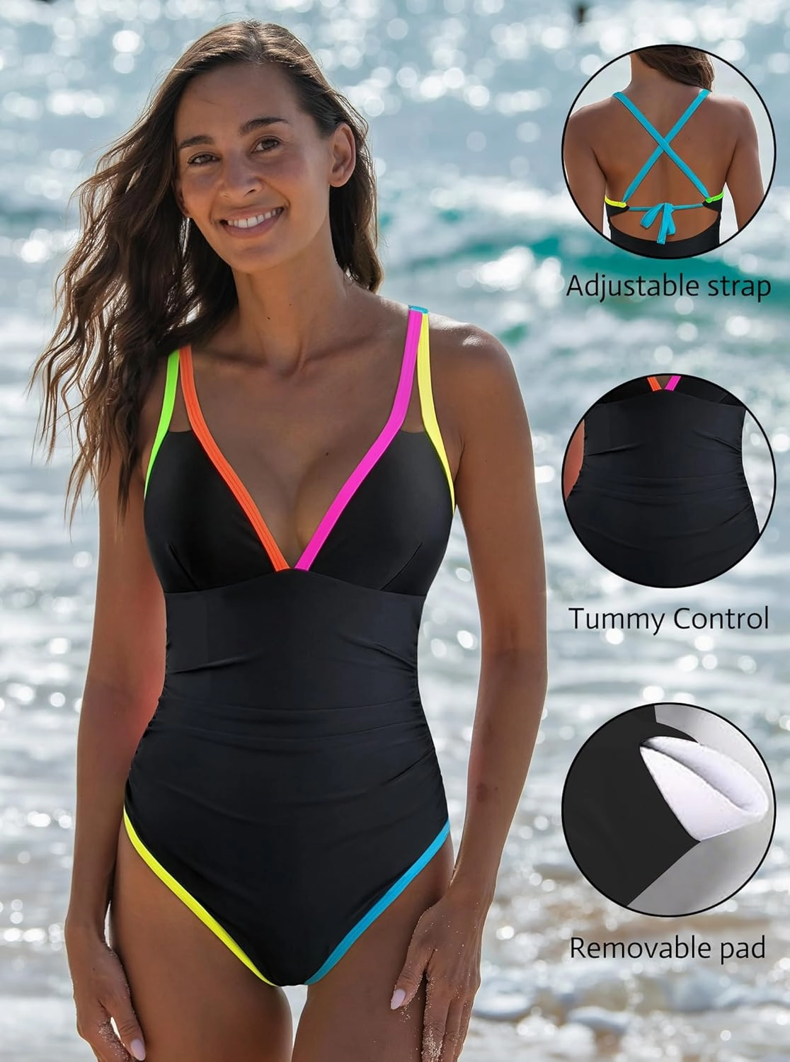 popvil Women's One Piece 2025 Tummy Control Swimsuits Neon Color Block Swimwear Deep V Neck Slimming Bathing Suit