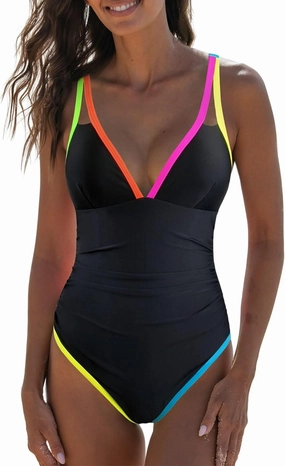 popvil Women's One Piece 2025 Tummy Control Swimsuits Neon Color Block Swimwear Deep V Neck Slimming Bathing Suit