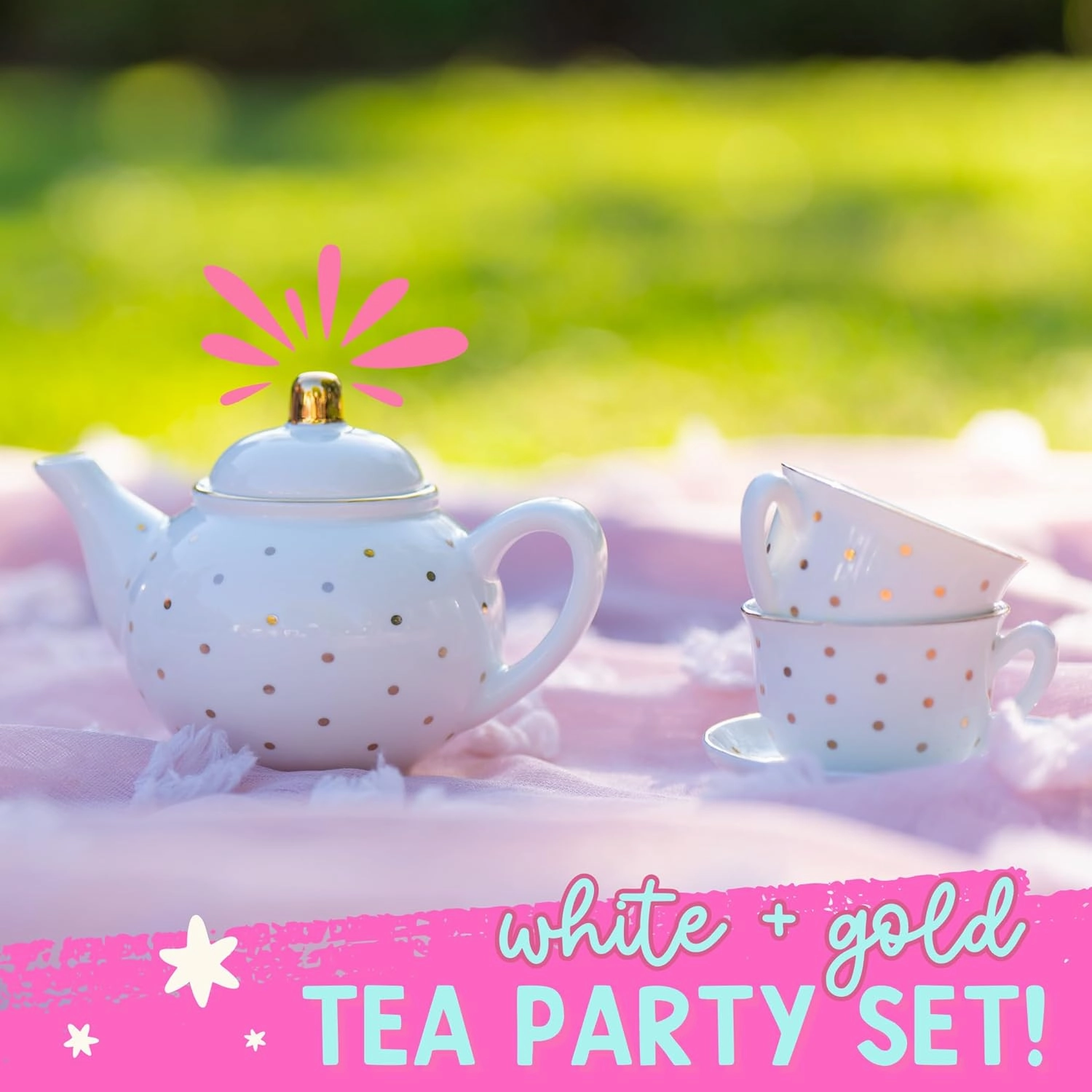 Porcelain Tea Set for Girls - White with Gold Polka Dots Tea Party Set for Kids I Complete Children Tea Sets with Carry Case, Teapot, Cups and More, Birthday Gift for Little Girls & Toddlers