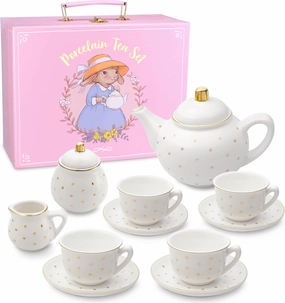Porcelain Tea Set for Girls - White with Gold Polka Dots Tea Party Set for Kids I Complete Children Tea Sets with Carry Case, Teapot, Cups and More, Birthday Gift for Little Girls & Toddlers