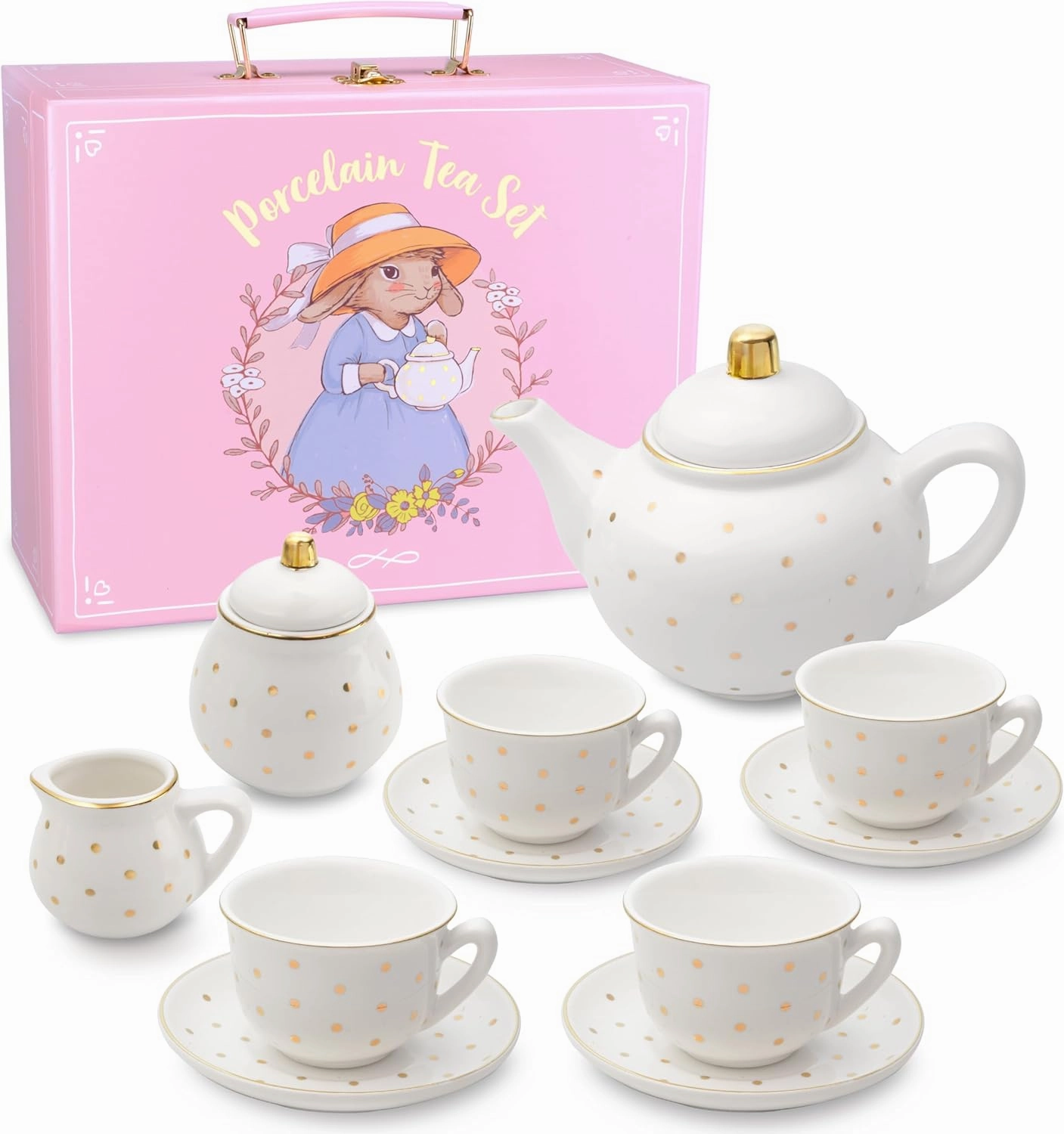 Porcelain Tea Set for Girls - White with Gold Polka Dots Tea Party Set for Kids I Complete Children Tea Sets with Carry Case, Teapot, Cups and More, Birthday Gift for Little Girls & Toddlers