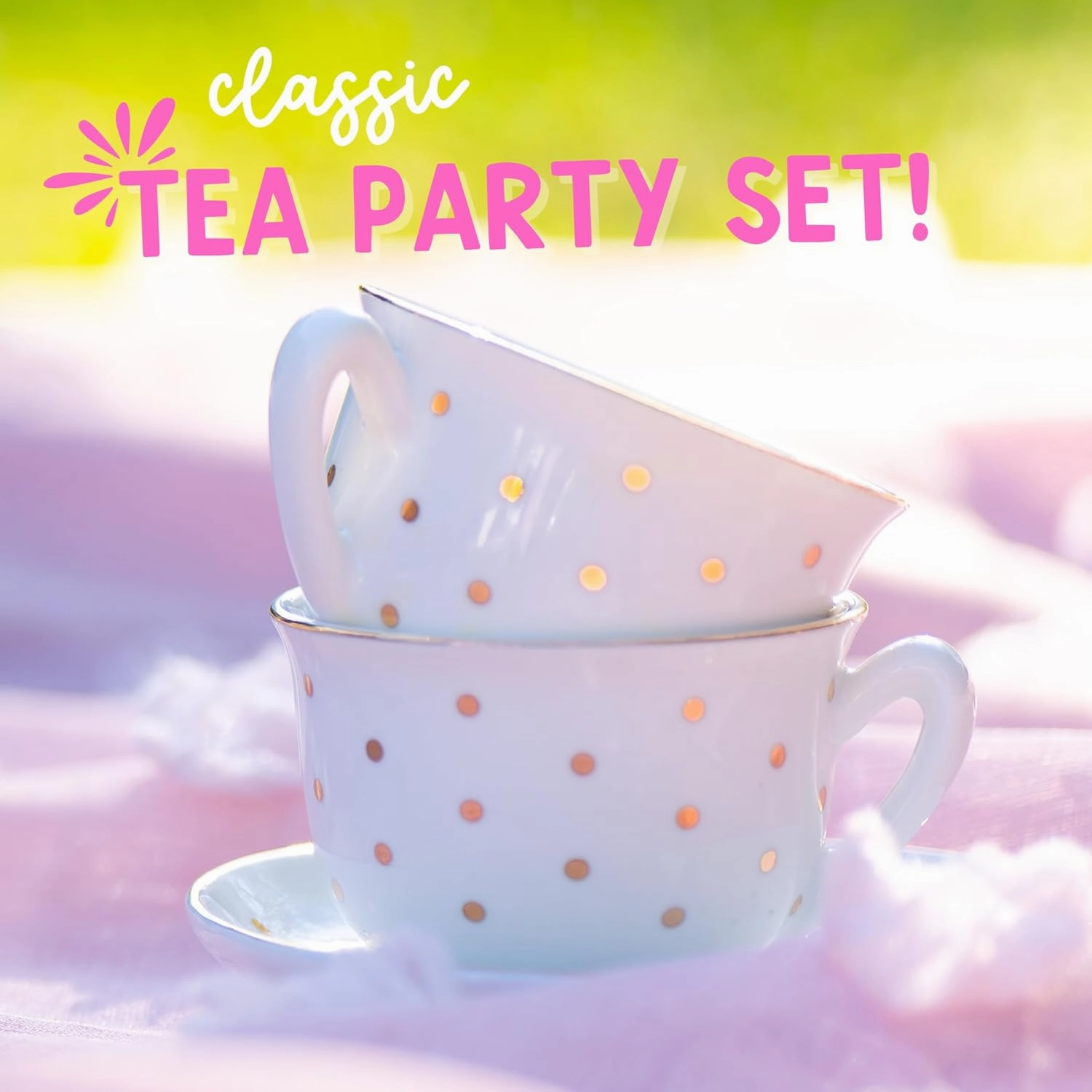 Porcelain Tea Set for Girls - White with Gold Polka Dots Tea Party Set for Kids I Complete Children Tea Sets with Carry Case, Teapot, Cups and More, Birthday Gift for Little Girls & Toddlers