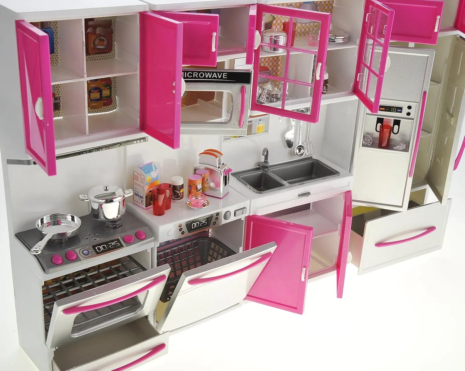 PowerTRC Doll Kitchen Play Set, Mini Modern Toy Pink Kitchen Pretend Furnitures Toy Set Accessories Set with Realistic Light & Sound for Kids Toddlers Girls (4-in-1 w/ 11.5” Doll)