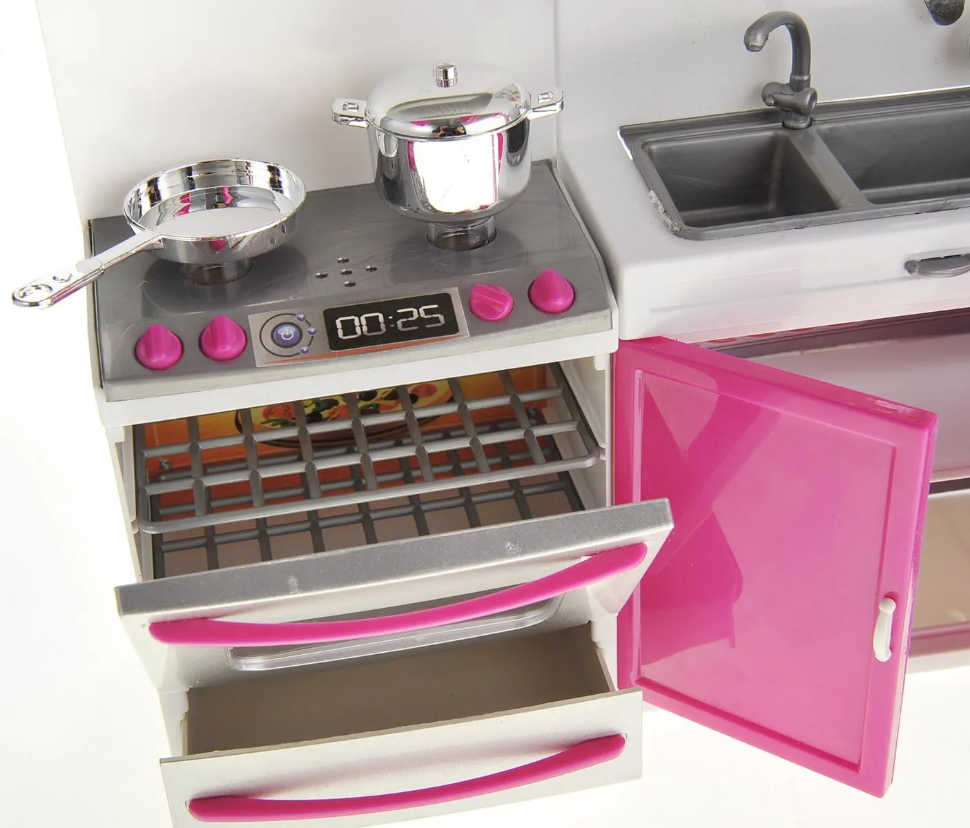 PowerTRC Doll Kitchen Play Set, Mini Modern Toy Pink Kitchen Pretend Furnitures Toy Set Accessories Set with Realistic Light & Sound for Kids Toddlers Girls (4-in-1 w/ 11.5” Doll)