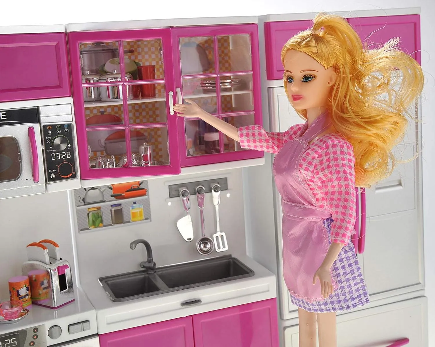 PowerTRC Doll Kitchen Play Set, Mini Modern Toy Pink Kitchen Pretend Furnitures Toy Set Accessories Set with Realistic Light & Sound for Kids Toddlers Girls (4-in-1 w/ 11.5” Doll)