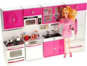 PowerTRC Doll Kitchen Play Set, Mini Modern Toy Pink Kitchen Pretend Furnitures Toy Set Accessories Set with Realistic Light & Sound for Kids Toddlers Girls (4-in-1 w/ 11.5” Doll)
