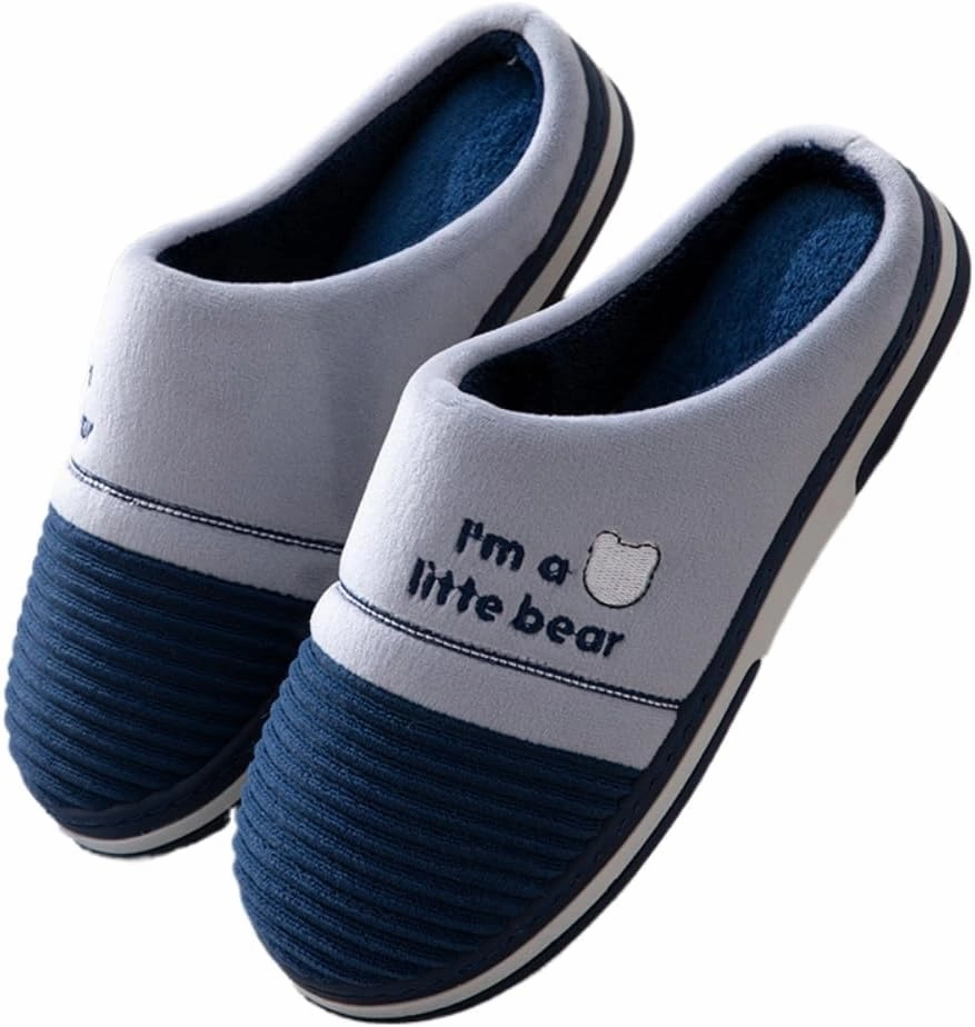 Premium Comfort Thermal Bear Stripes Patchwork Non Slip Men's Fuzzy House Slippers Inddor Soft Warm Shoes Plus Size