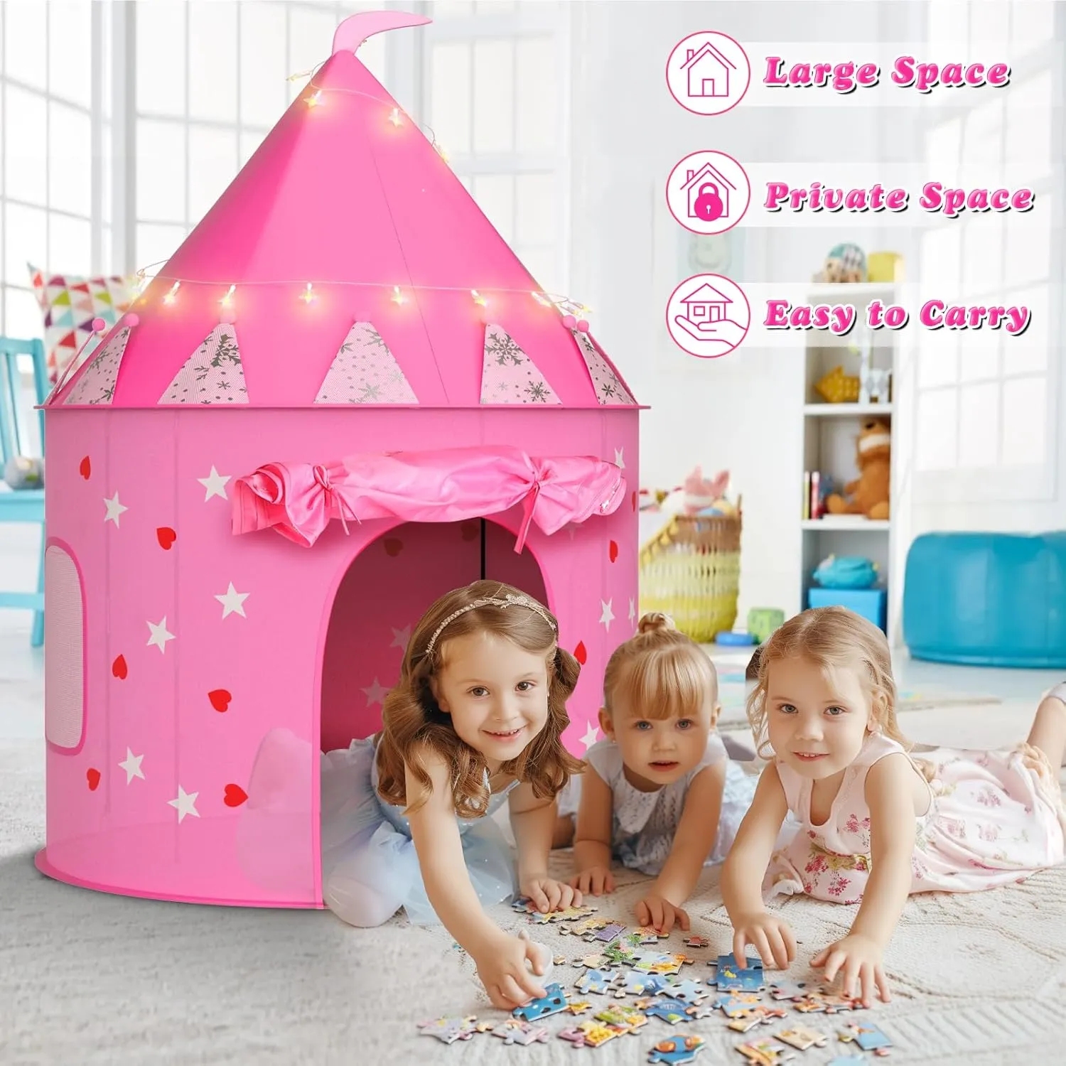 Princess Tent with 13PCS Dress Up for Girls, Castle Playhouse with Star Lights for Kids Indoor and Outdoor Games
