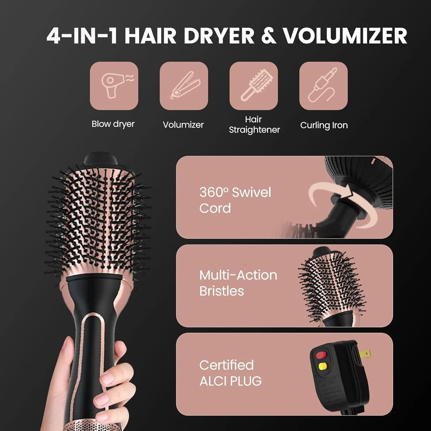 PRITECH 1000W Dual Voltage Ceramic Ionic Hair Dryer Brush,4-in-1 Hot Air Styler & One Step Volumizer for Straight & Curly Hair Salon (110-120V/220-240V),Black Gold