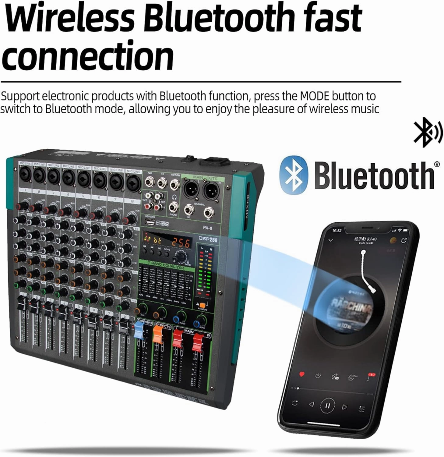 Pro 8-Channel DJ Mixer with Bluetooth, USB Audio Interface & 256 DSP FX | 48V Phantom Power Sound Board for Live Streaming, Podcasting, Club Performances