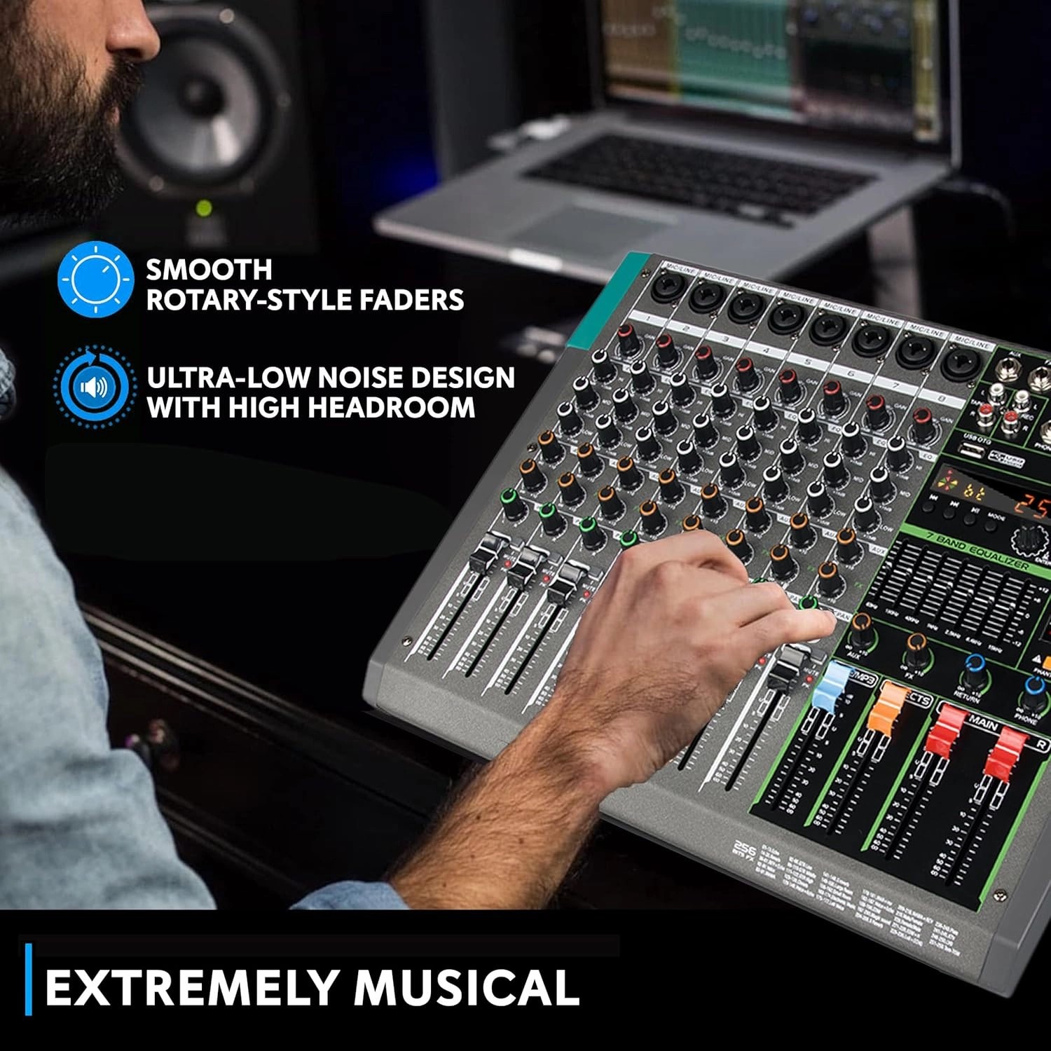 Pro 8-Channel DJ Mixer with Bluetooth, USB Audio Interface & 256 DSP FX | 48V Phantom Power Sound Board for Live Streaming, Podcasting, Club Performances