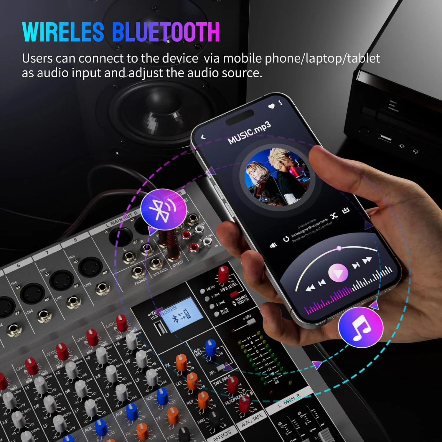 Professional DJ Audio Mixer, 12 Channel Audio Mixer, Bluetooth Sound Mixer, USB Interface, 12 XLR Mic/Line Input, AUX, FX Processor MP3, Headphone, 48V Phantom For Karaoke Studio Streaming Recording