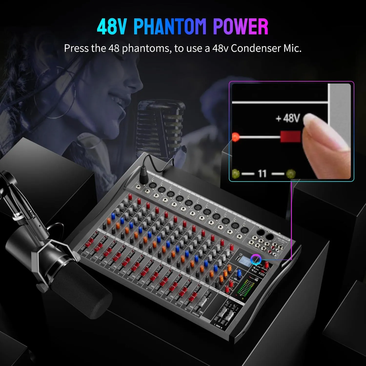 Professional DJ Audio Mixer, 12 Channel Audio Mixer, Bluetooth Sound Mixer, USB Interface, 12 XLR Mic/Line Input, AUX, FX Processor MP3, Headphone, 48V Phantom For Karaoke Studio Streaming Recording