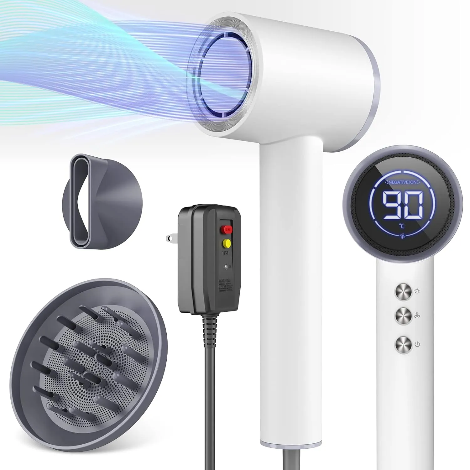 Professional Hair Dryer Blow Dryer with Diffuser, 110,000RPM High-speed Blow Dryer for Fast Dry, Negative Ionic Hair Dryer, Magnetic Nozzle&LED Display, Portable Hair Dryer for Travel Home Salon-White