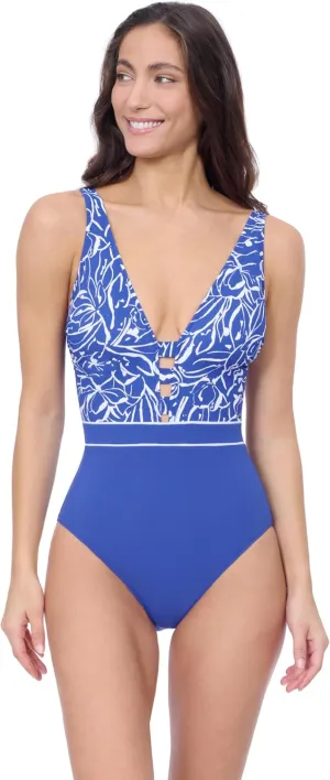 Profile by Gottex Womens Royal Blue Deep V Neck One Piece Swimsuit with Soft Cups,Tummy Control and Adjustable Straps