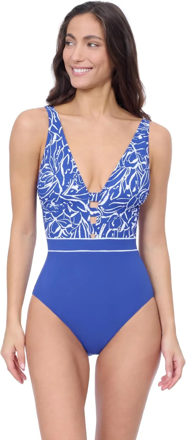 Profile by Gottex Womens Royal Blue Deep V Neck One Piece Swimsuit with Soft Cups,Tummy Control and Adjustable Straps