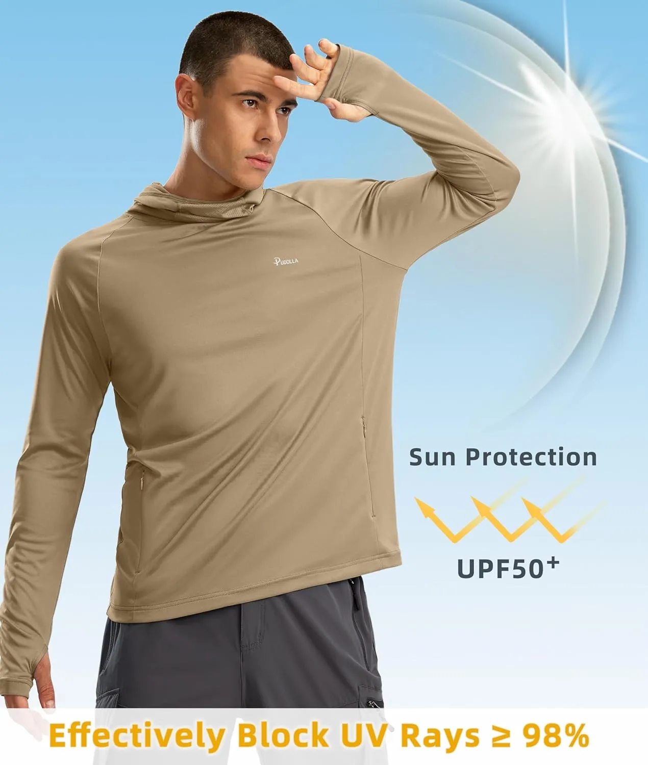 Pudolla Men's Sun Protection Hoodie UPF 50  Fishing Hiking Shirt UV Shirts with Mask for Men Long Sleeve Lightweight