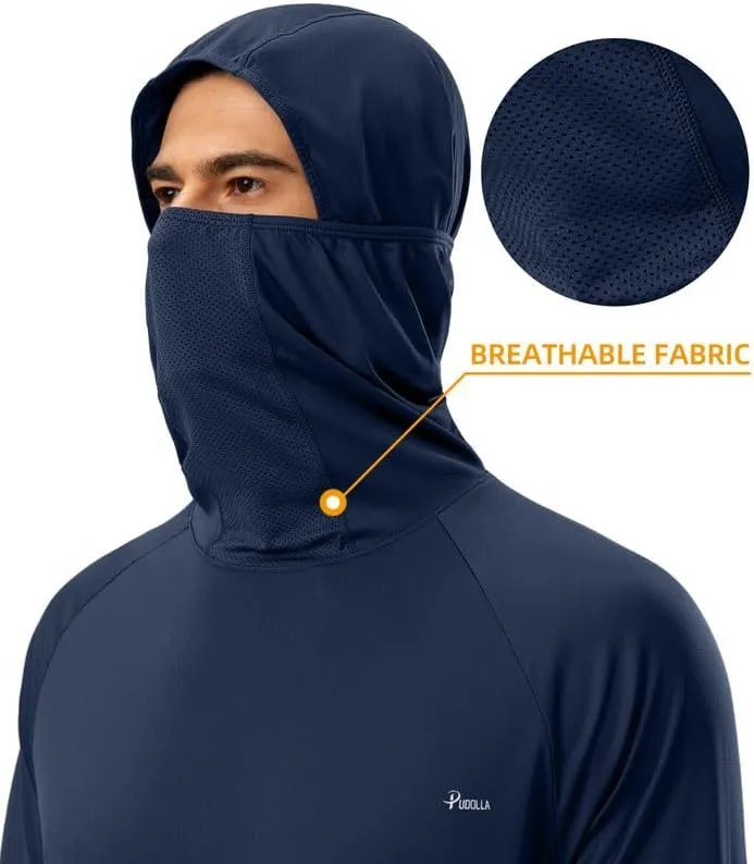 Pudolla Men's Sun Protection Hoodie UPF 50  Fishing Hiking Shirt UV Shirts with Mask for Men Long Sleeve Lightweight