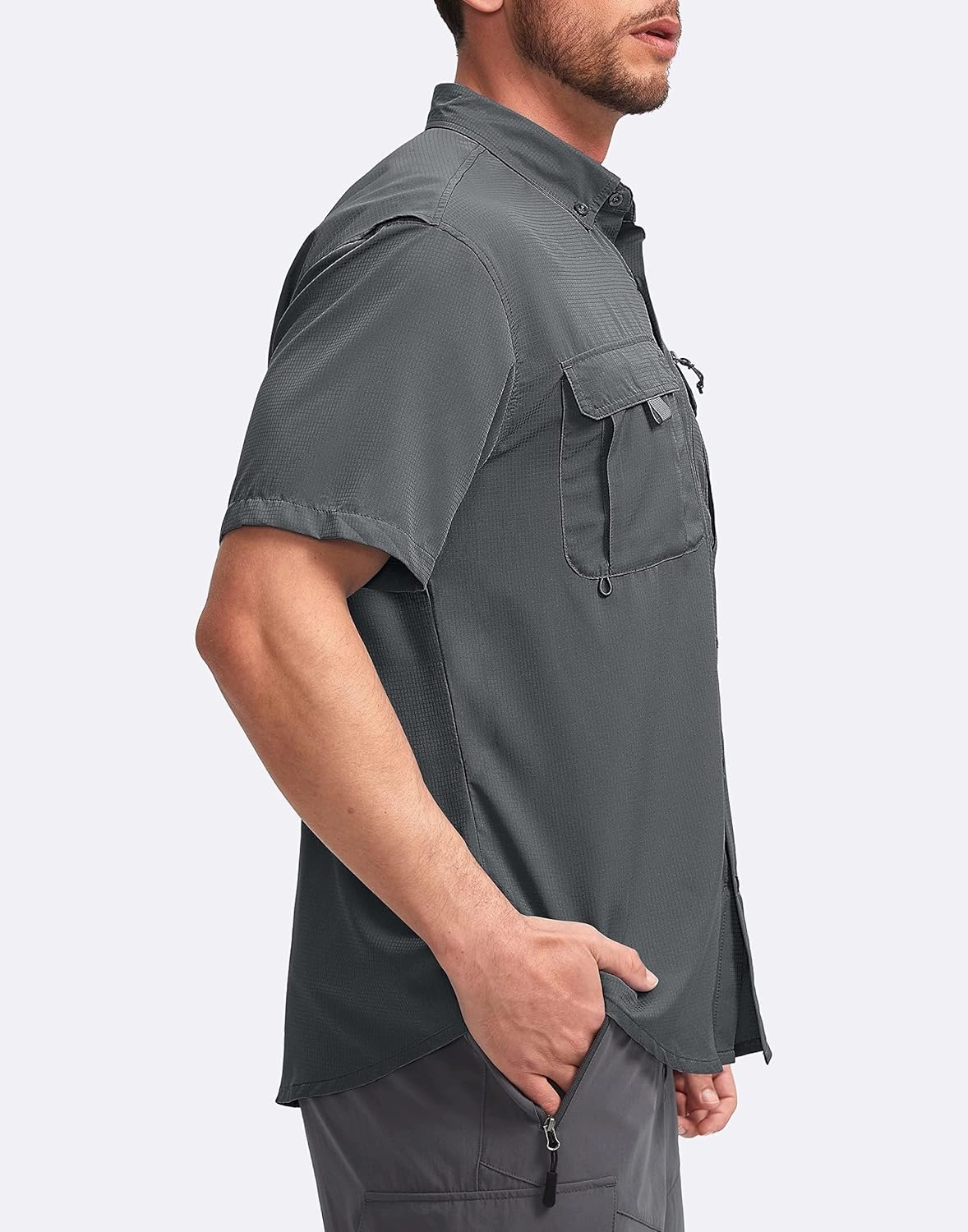 Pudolla Men's Fishing Shirts with Short Sleeves, Summer Travel Work Shirts, Button Down with UPF50  and Zipper Pockets