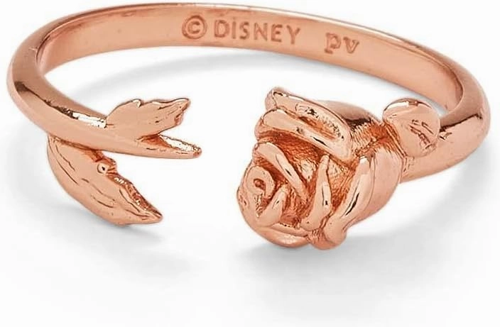 Pura Vida Rose Gold-Plated Disney Belle Rose Open Ring - Rosebud Charm, Brass Base - Size 5-9