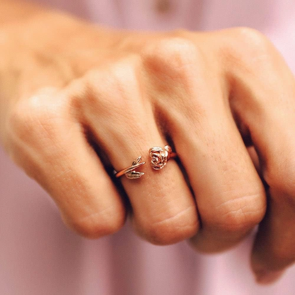 Pura Vida Rose Gold-Plated Disney Belle Rose Open Ring - Rosebud Charm, Brass Base - Size 5-9