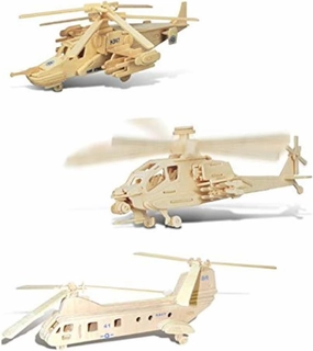 Puzzled Bundle of Air-Force Choppers: Apache, Black Shark, Sea Knight Wooden 3D Puzzles Construction Kits, Educational DIY Helicopters Assemble Models Wood Craft Hobby to Build & Paint - 3 Pack