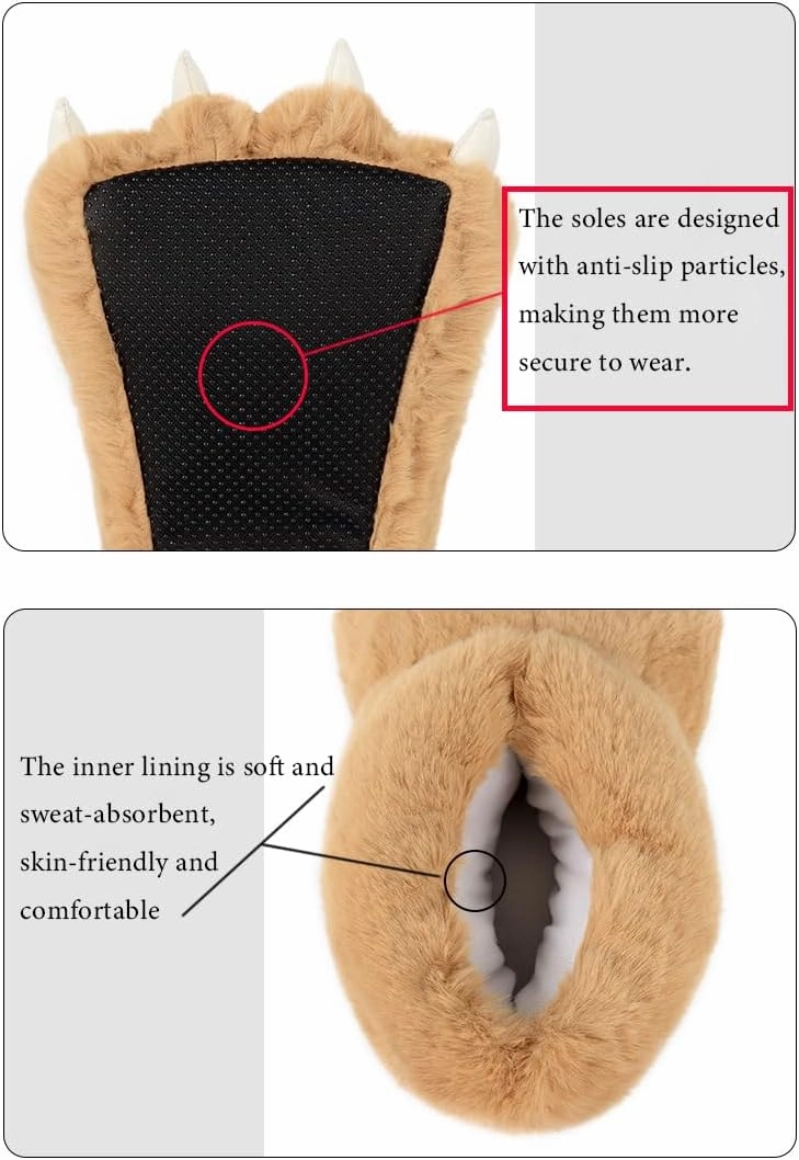 QinRuan Monster Paw Slippers, Fuzzy Animal Claw Comfortable Warm Plush Bear Paw Shoes
