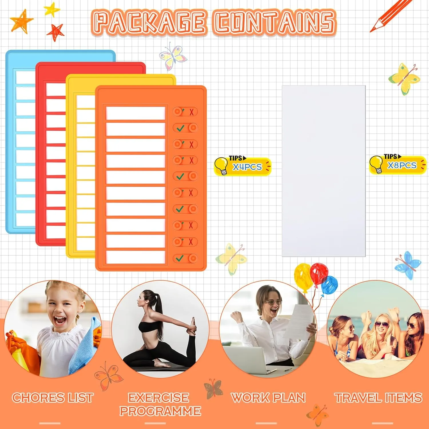 Queekay 4 Pcs Blank Chore Chart Kids Chore Chart, Plastic Checklist Board with 8 Detachable Cardstock to Do List for Home Routine Planning (Red, Orange, Blue, Yellow)