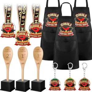 Quelay 12 Pcs Chili Cook Off Prizes Include 3 Cook Off Trophy 3 Wooden 1st 2nd 3rd Engraved Spoon 3 Kitchen Cooking Aprons 3 Chili Keyring for Men Woman Winner Medals Award Ceremony Decorations