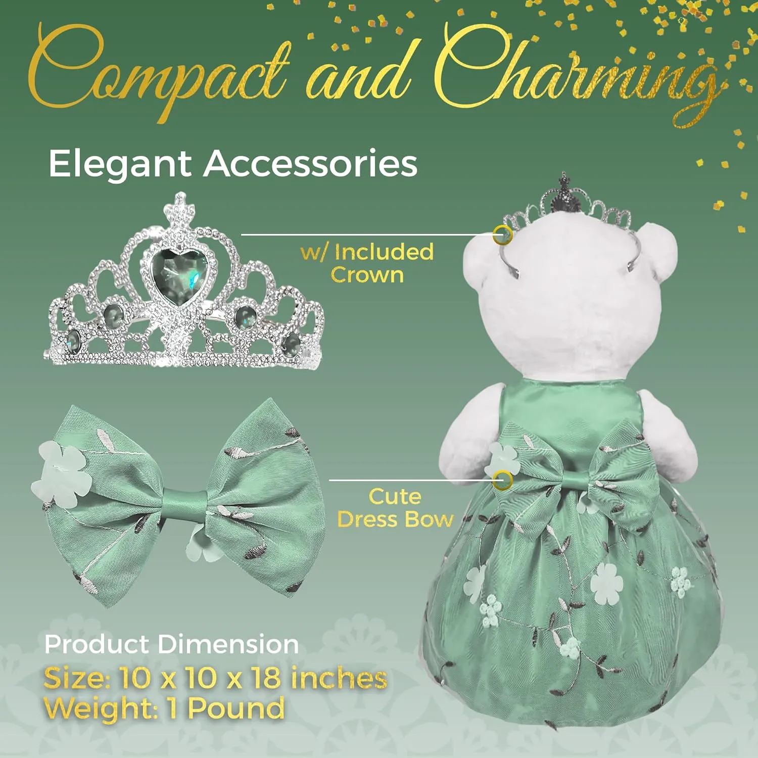 Quinceañera Teddy Bear 18-inches Tall with Dress for 15th Birthday, Quince Bear with Matching Crown, Ideal Keepsake for 15th Birthday, Mis XV Años - Light Green