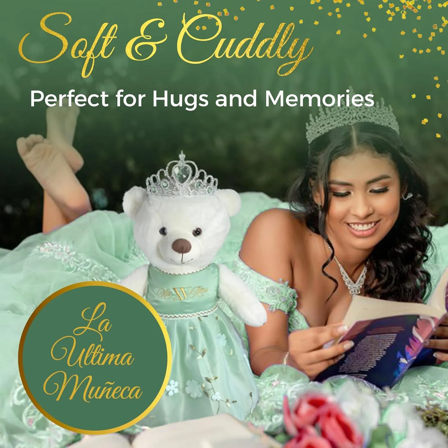 Quinceañera Teddy Bear 18-inches Tall with Dress for 15th Birthday, Quince Bear with Matching Crown, Ideal Keepsake for 15th Birthday, Mis XV Años - Light Green
