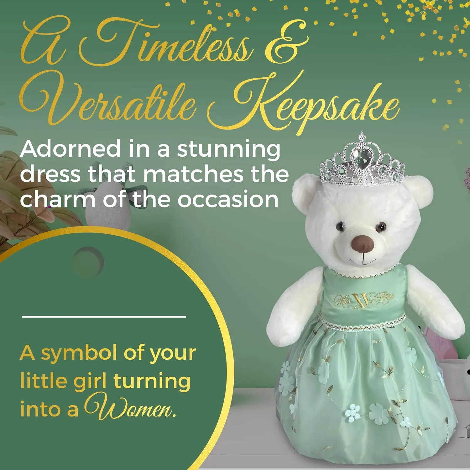 Quinceañera Teddy Bear 18-inches Tall with Dress for 15th Birthday, Quince Bear with Matching Crown, Ideal Keepsake for 15th Birthday, Mis XV Años - Light Green
