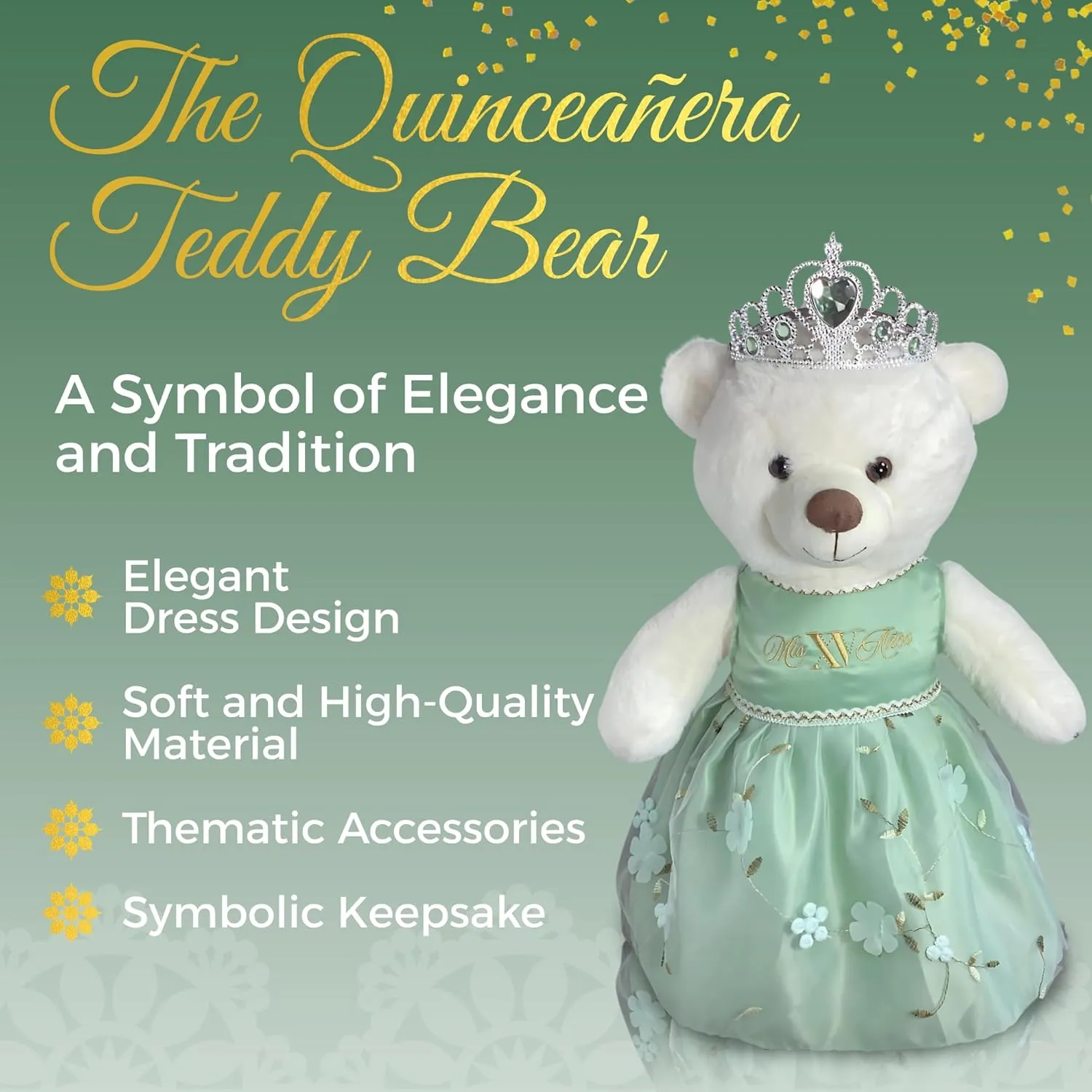 Quinceañera Teddy Bear 18-inches Tall with Dress for 15th Birthday, Quince Bear with Matching Crown, Ideal Keepsake for 15th Birthday, Mis XV Años - Light Green