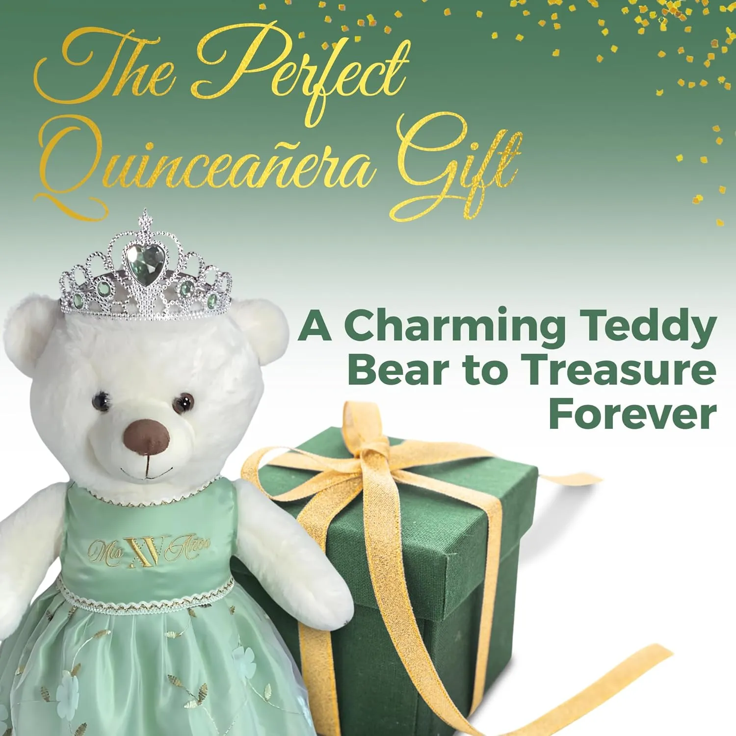 Quinceañera Teddy Bear 18-inches Tall with Dress for 15th Birthday, Quince Bear with Matching Crown, Ideal Keepsake for 15th Birthday, Mis XV Años - Light Green