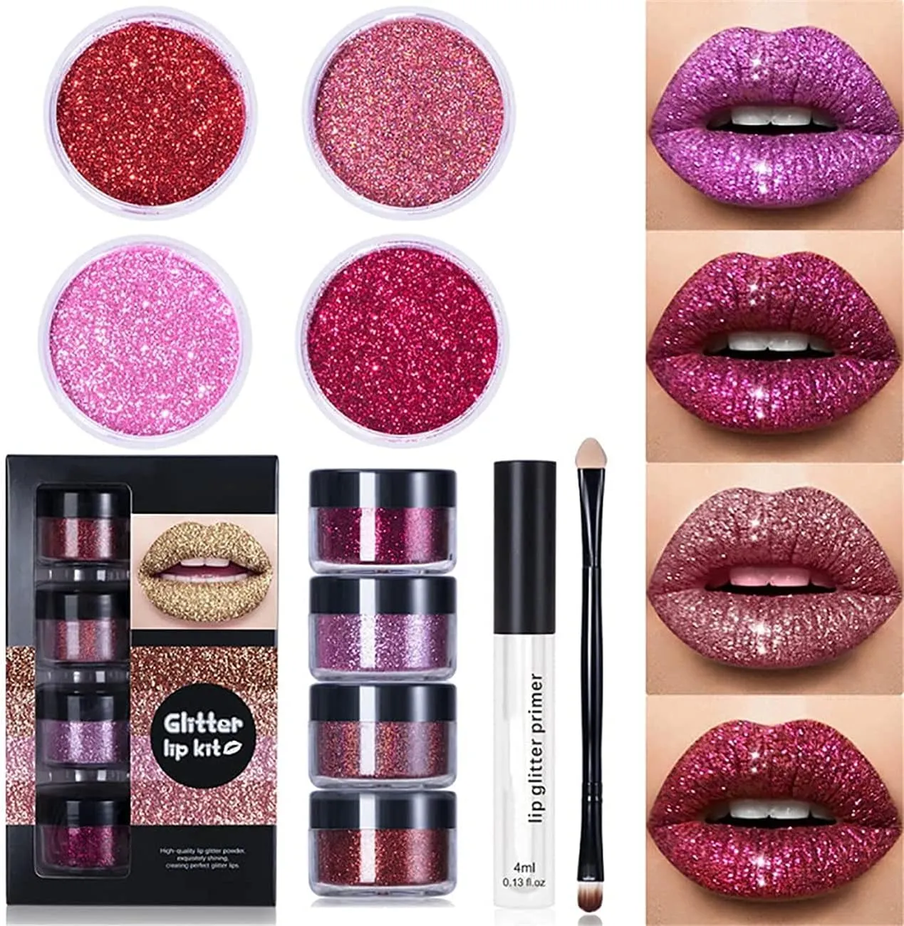 QUROXO Kawaii Kisses Glitter Lip Kit, Glitter Lips, Glitter Lip Kit Gloss Set, 4 Color Diamond Glitter Metallic Lipstick Waterproof and Long-Lasting Lipstick Set (Warm color)