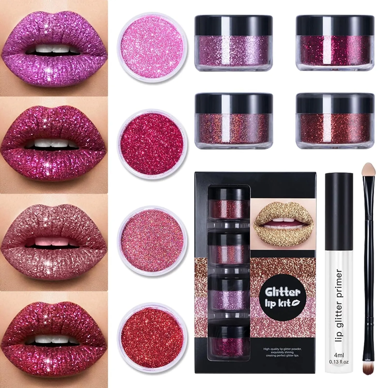 QUROXO Kawaii Kisses Glitter Lip Kit, Glitter Lips, Glitter Lip Kit Gloss Set, 4 Color Diamond Glitter Metallic Lipstick Waterproof and Long-Lasting Lipstick Set (Warm color)