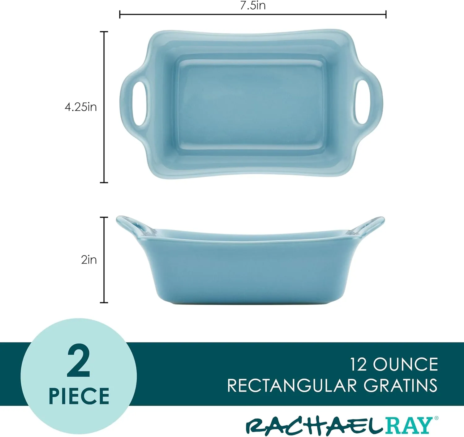 Rachael Ray Ceramics Au Gratin Set, Rectangular, Two 12-ounce, Agave Blue