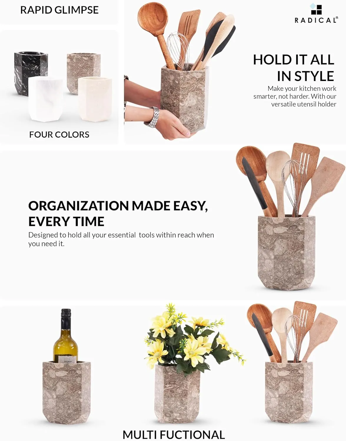 Radicaln Marble Utensil Holder 6.5" Inches Oceanic Handmade Cooking Utensil Holder For Kitchen Counter, Ideal Utensils Holder & Kitchen Utensils Holder For Countertop