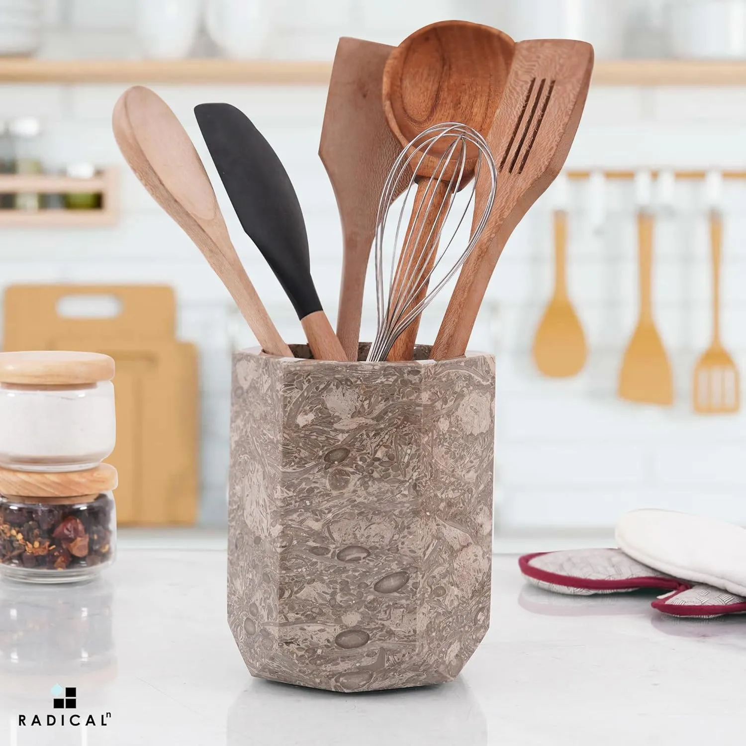 Radicaln Marble Utensil Holder 6.5" Inches Oceanic Handmade Cooking Utensil Holder For Kitchen Counter, Ideal Utensils Holder & Kitchen Utensils Holder For Countertop