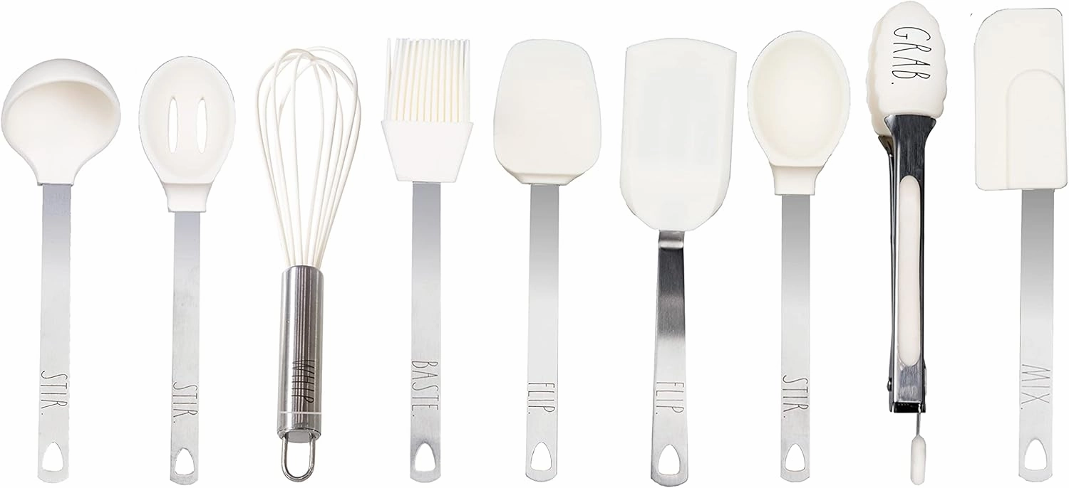 Rae Dunn Everyday Collection 9 Piece MINI Kitchen Utensil Set- Stainless Steel and Silicone Kitchen Tools- (White)