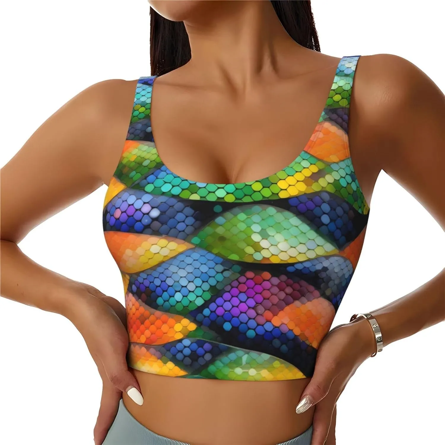 Rainbow Fish Scale Women's U-Shaped Sports Bra, Padded Round Neck Sports Short Tank Top