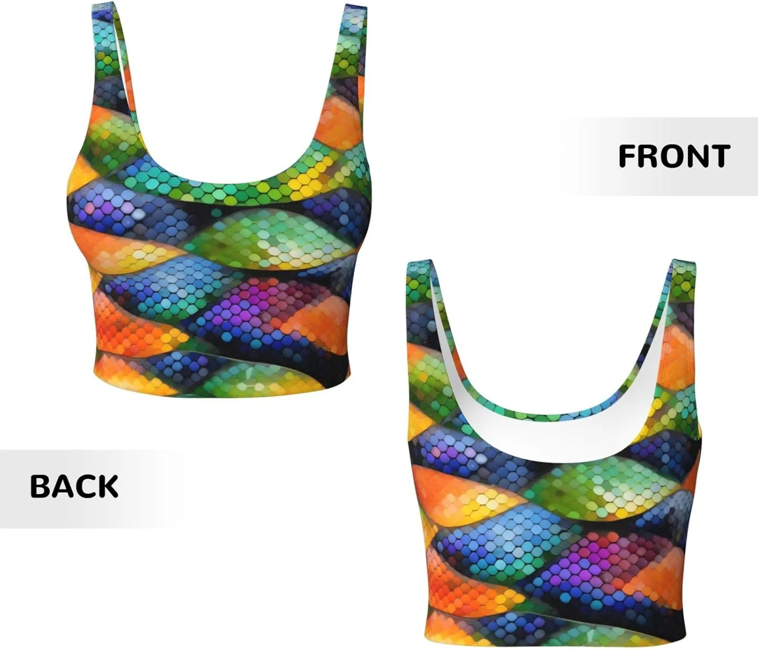 Rainbow Fish Scale Women's U-Shaped Sports Bra, Padded Round Neck Sports Short Tank Top