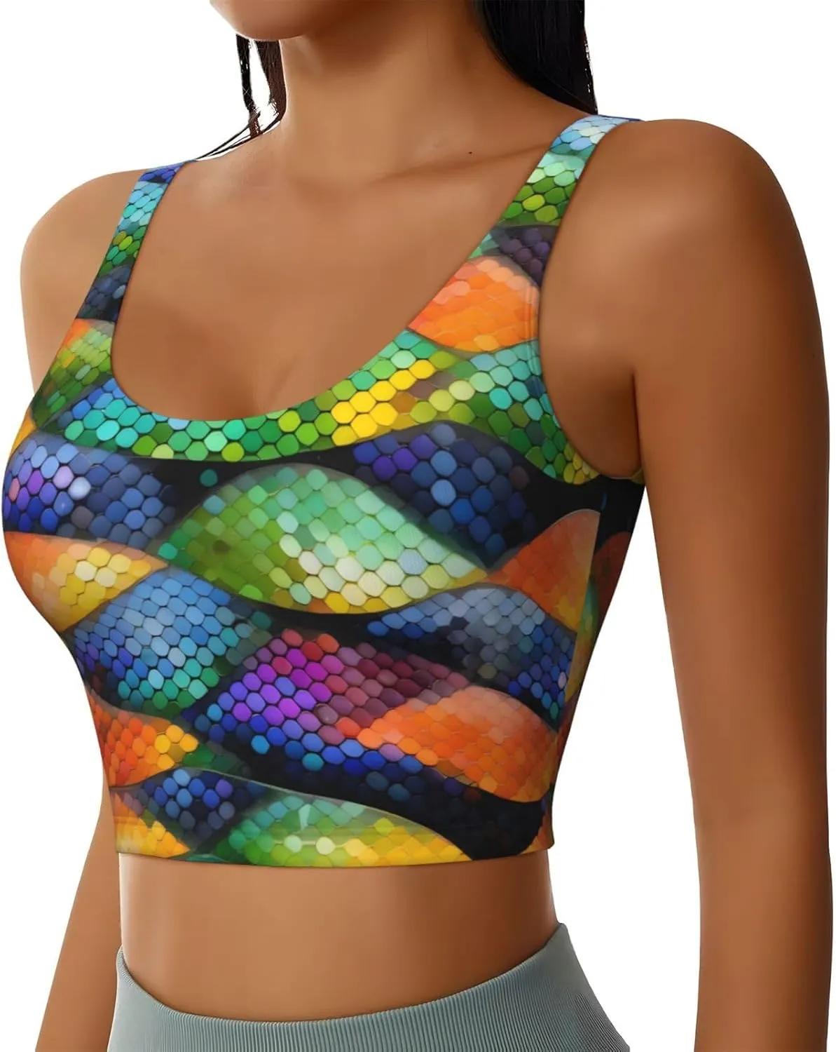 Rainbow Fish Scale Women's U-Shaped Sports Bra, Padded Round Neck Sports Short Tank Top