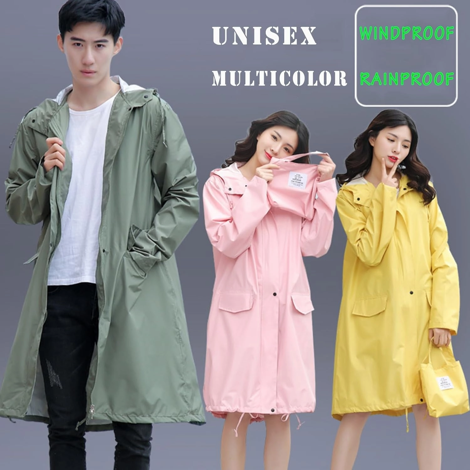 Raincoat, Long Breathable Raincoat Waterproof Hiking Rain Jacket for Women Men