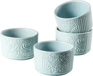Ramekins 10 OZ, Embossed Ramekins for Creme Brulee, Lava Cake, Pudding, Souffle, Ceramic Custard Cups for Baking, Dishwasher and Oven Safe, Set of 4, Light Sky Blue