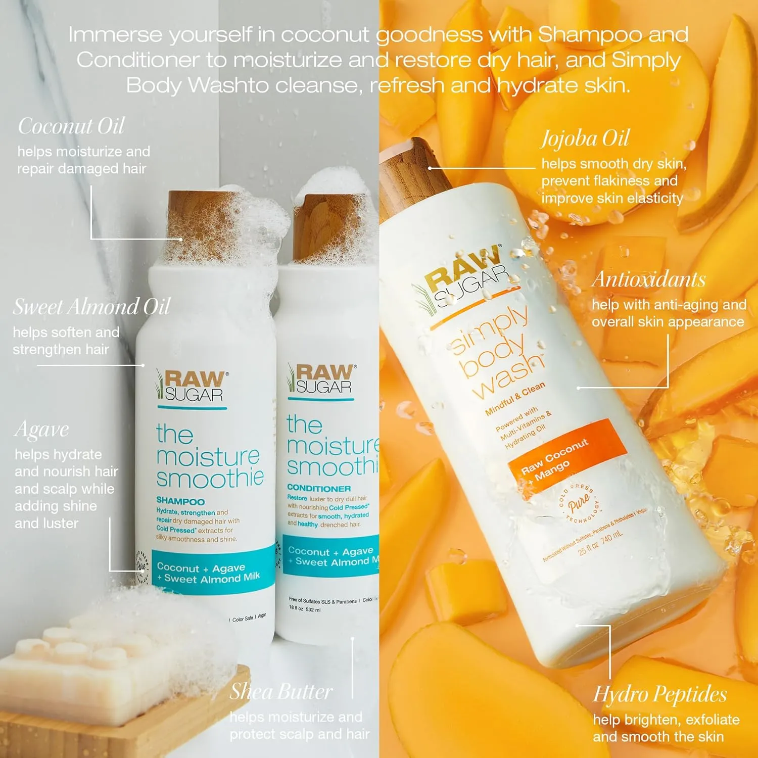 Raw Sugar The Moisture Smoothie Shampoo and Conditioner Set and Coconut   Mango Body Wash (Pack of 3) Strengthens & Restores Dry Hair, Moisturizes Skin, A Complete Haircare and Skincare Bundle