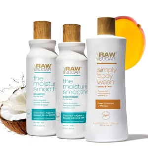 Raw Sugar The Moisture Smoothie Shampoo and Conditioner Set and Coconut   Mango Body Wash (Pack of 3) Strengthens & Restores Dry Hair, Moisturizes Skin, A Complete Haircare and Skincare Bundle